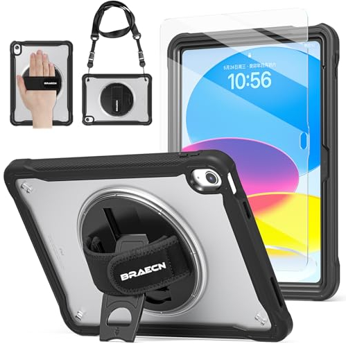 BRAECN für iPad (A16) 11/10 Generation Hülle, 2022/2025 10,9/11 Zoll, 360° Drehbarer Handgurt und Ständer, Stifthalter, Schultergurt, Schwarz