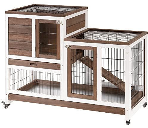 PawHut Clapier à Lapin sur roulettes Cage à Lapin intérieur extérieur 2 étages 2 Portes verrouillables 2 Plateaux coulissants Rampe Bois de Sapin Marron Blanc