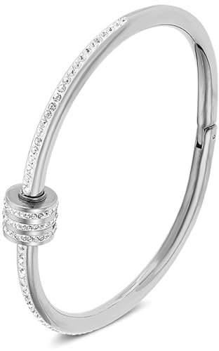 Heyjoin Women's Stainless Steel Bracelet Crystal Oval Bangle Round Bracelets (Ring Silver)