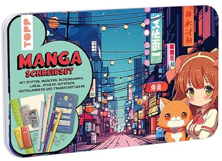 TOPP Manga Schreibset: Stifte, Marker, Radiergummi, Lineal, Heftklammern, 2 Transferstickerbogen, Haftnotizen