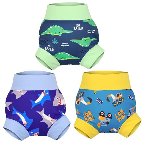MOEMOE BABY Couches de Bain Réutilisables,Couche de Natation pour Bébés,Imperméable Couche Piscine pour Garçon et Fille,3 Paquets,Requin+Crocodile+Excavateur,3-4 Ans