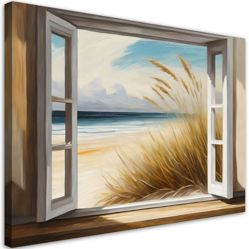 Feeby Viles - Leinwand Bilder - Fensterblick Strand Natur - 120x80 cm - Deko Wohnzimmer - Wandbilder Schlafzimmer - Deko Aesthetic - Wand Deko - Leinwand Groß - Deko Zimmer - Leinwandbilder XXL