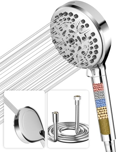 Filter Shower Head with 1.5m Hose, Handheld Shower Head High Pressure 22% Water Saving with Hard Water Filter, 8 Spray Modes+Flushing Mode, Universal Replacement G1/2 UK Standard