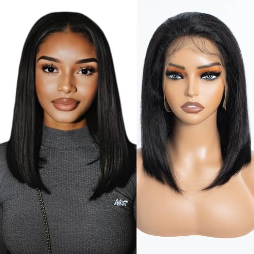 DÉBUT Straight Bob Perücken Echthaar 13X4 Lace Front Bob Perücke Echthaar Vorgezupft mit Babyhaar 180% Dichte Kleberlose Perücken für Frauen (30 cm, Schwarz)