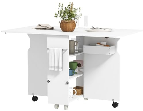 HOMCOM Klapptisch mit 3-Etagen-Regalen, MDF 130x80x76,5 cm Weiß | Aufbewahrungsbox, Rollen, Klapptisch.