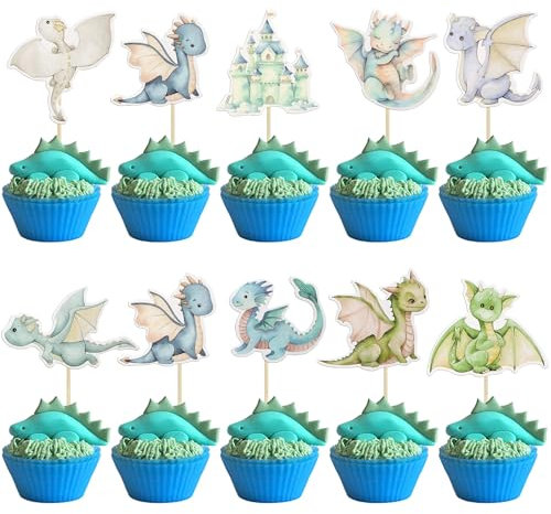 Gyufise 36Pcs Dragon Cupcake Toppers Dragon Baby Shower Decorations Dragon Cupcake Picks for Cartoon Fantasy Dragon Theme Kids Birthday Party Cake Decorations Blue