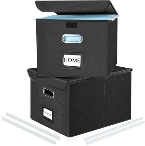 FINEW Stoff Faltbare Aufbewahrungsbox mit Deckel, Hängemappenbox für DIN A4 Hängeregister, Aufbewahrungsboxen für Büro, Faltbox für Familien (Schwarz) 2 Pack