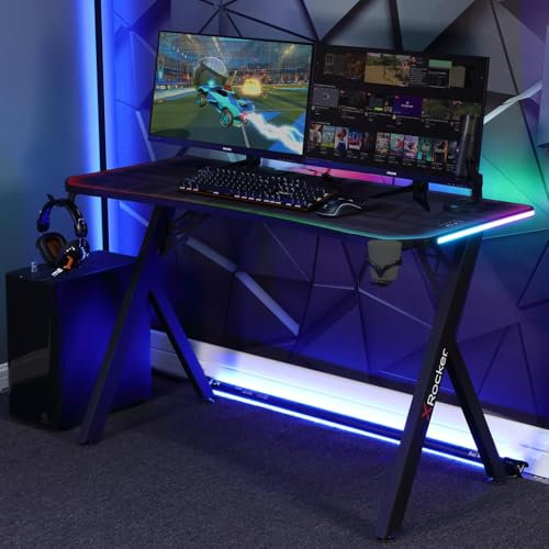 X-Rocker Lumio XL RGB Gaming Desk 140 x 60cm, Large Gaming Table for Laptop Home Office Desk, Carbon Fibre Effect Gaming PC Desk with Headphone Hook and Cup Holder, Includes FREE Mouse Pad - BLACK