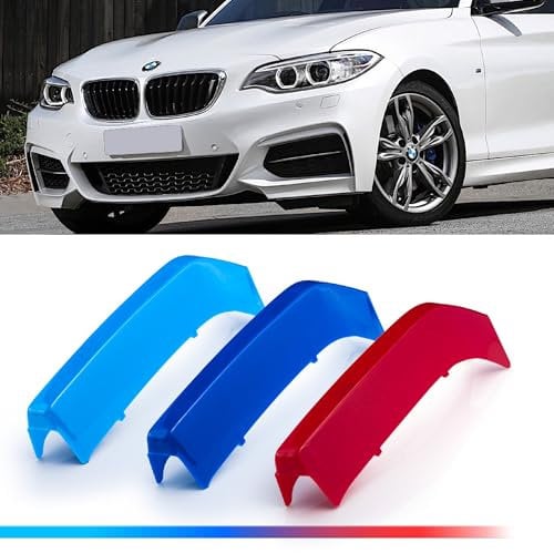 Kidney Grille Insert Tri-Color Covers 3pcs - Fits B-M-W 2 Series F22 F23 2013-2021 (8 Slats), ABS Snap-on Front Grill Clips, Grille Insert Trim Strips, Car Front Grill Mesh Trim