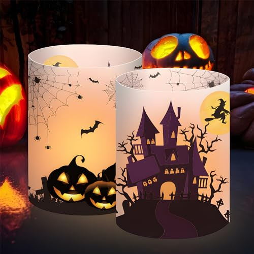 16 Windlicht Tischdeko Halloween, Halloween Deko Tisch, Windlicht Tischdeko Deko, Kürbis/Fledermaus/Hexe/Spinnennetz Dekoration, Gartenfeste und Teelichter oder Kerzen