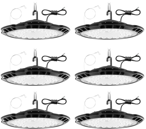6PCS 150W UFO LED High Bay Light, 15000lm 6500K Workshop Lighting, Cool White LED Work Lights, IP65 Waterproof Commercial Industrial Lamp for Factories Garage Warehouse with 75cm Cable, 50CM Chain