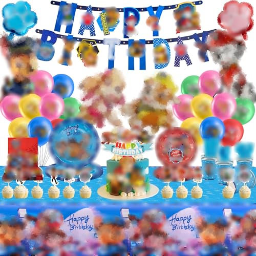 103Pcs Dog Birthday Decorations, Dog Party Decorations Kids' Party Tableware Set, Cartoon Birth-day Supplies with Birthday Banner, Paper Plates, Balloons, Cups and Tablecloth for 20 Guests