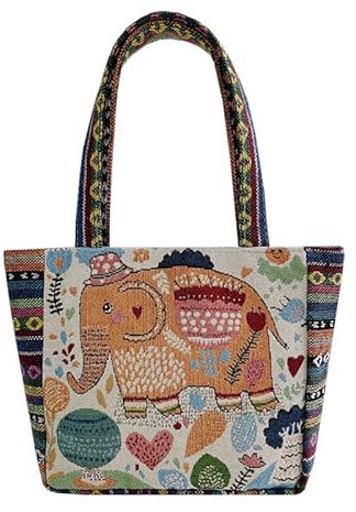 YBSHOP Dekorative Canvas Handtasche mit Elefanten-Motiv, Ethnisches Design, Jacquard-Stickerei, Mehrfarbig