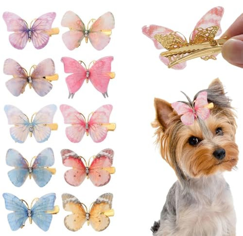 Schmetterling Haarspangen für Hunde, 10 Stück, Pastell Rosa und Blau, Dekorative Haarklammern mit Strassstein,kleine Hundehaarklammer