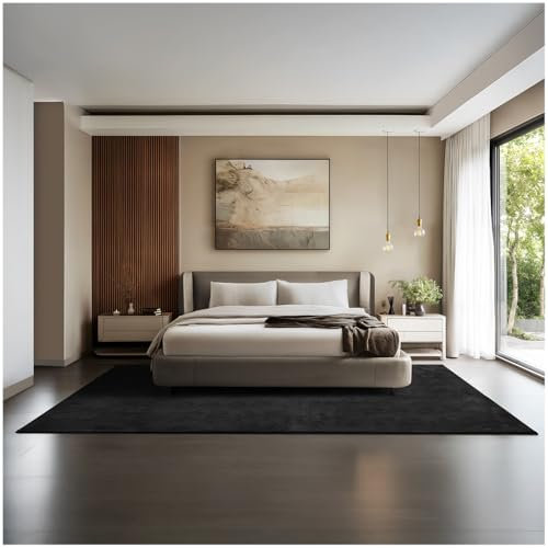 tectake® Flauschiger Kurzflor Teppich, waschbar, für Wohnzimmer, Badezimmerteppich, Küchenteppich, Teppich Flur, Home Deko, rutschfest, allergikerfreundlich, schwarz200 x 290 cm