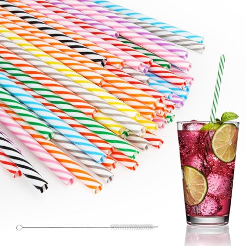 Lanovuto 60 Pièces Paille Plastique, Pailles Reutilisable avec Brosse de Nettoyage, Paille Bubble Tea, pour Cocktails, Jus, Smoothie (23 cmX7 mm)