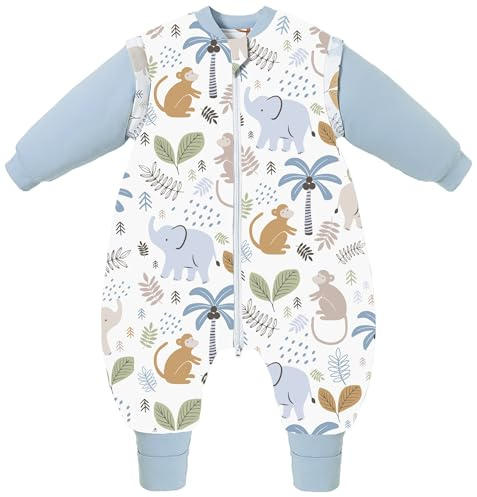 Chilsuessy Baby Winterschlafsack Schlafsack mit Füßen Warm Kinder Ganzjahres Winter Schlafsack Schlafanzug für Jungen Mädchen,abnehmbar Ärmel, Elefante/2.5 Tog, 80/Baby Höhe 85-95cm