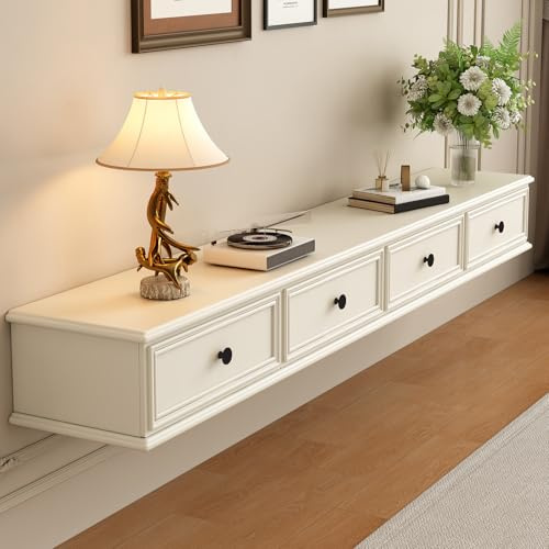 Mobile TV a Parete in Legno Massello, Mobile Sotto TV Sospeso, Design Moderno, Struttura Sospesa per Soggiorno/Camera da Letto, Legno Naturale e Costruzione Resistente (Bianco-B, 160cm/63.0in)