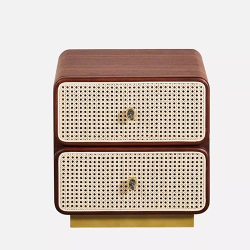 Italian Minimalist Natural Rattan Nightstand – Contemporary Woven Cane Storage Cabinet with Brass Accents, Modern Bedroom Furniture