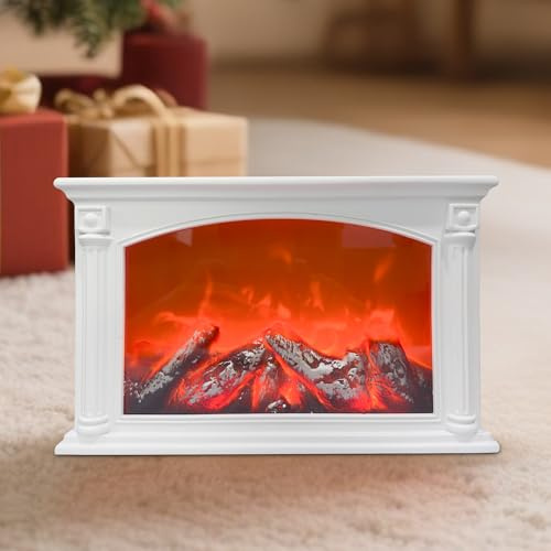 LED Elektrische Kamin Kaminlampe mit Flammeneffekt, Weiß | Tasten-Schalter, USB & Batteriebetrieben, Kaminfeuer Simulation, Tischkamin Ornament, Nach Hause