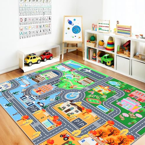 Kinder Autoteppich für Spielzimmer 140 x 200cm, Waschbare Spielmatte | Straßenteppich Kinder, Rutschfester Kurzflor Teppich für Kinderzimmer, Spielteppich für Jungen und Mädchen