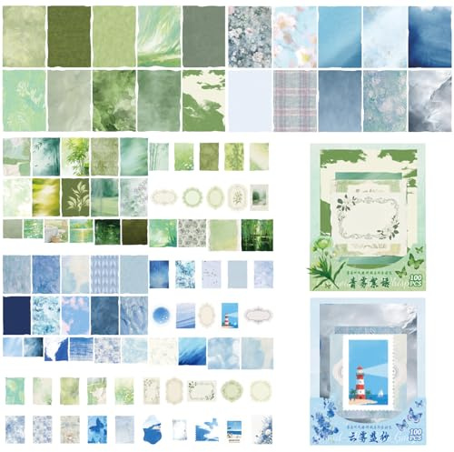 PLUSHCEWT 200 Blätter Scrapbook Papier Set, Blumen Muster Scrapbook Bastelpapier, Vintage Buntes Motivpapier, 40-130mm DIY Dekorpapier für Bullet Journal Scrapbooking Fotoalbum Dekoration (Cyan, Blau)