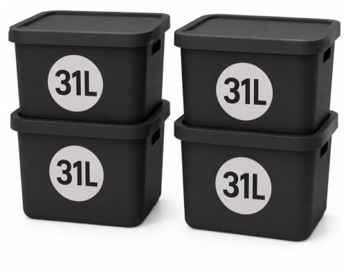 Plastard Aufbewahrungsbox mit Deckel 4er-Set 31 Liter in Anthrazit | BPA-Freie Ordnungsbox für Küche, Bad, Büro, Kinderzimmer, Robuste Stapelbare Kunststoffbox, 46 x 34 x 26 cm, Ordnungskiste