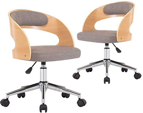 Roanoer Esszimmerstuhl 2er Set, Drehbarer Polsterstuhl mit Rollen, Moderner Stuhl aus Bugholz und Stoff, Höhenverstellbar, Ergonomischer Schalenstuhl für Esszimmer oder Büro, Taupe