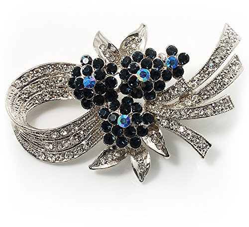 Superbe broche en forme de nœud en cristal (transparent et bleu marine)