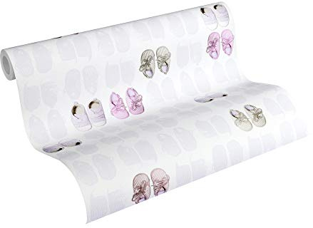 A.S. Création PVC-freie Vliestapete Little Stars Tapete mit niedlichen Baby Schuhen 10,05 m x 0,53 m rosa weiß Made in Germany 358621 35862-1