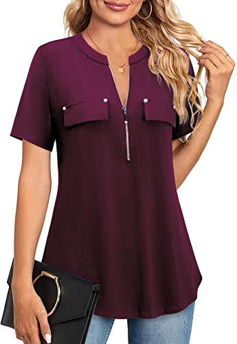 Amrto Damen V-Ausschnitt Shirt Kurzarm T-Shirt Casual Bluse mit Reißverschluss Tunika Tops, Wein XL