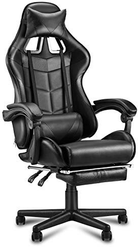 Soontrans Silla Gaming, Sillas Gaming Ergonómica con Reposapiés & Reposacabeza & Cojín Lumbar, Reposabrazos Tapizados, Reclinable, Silla Gamer para Youtube Livestreaming Xbox (Negro)