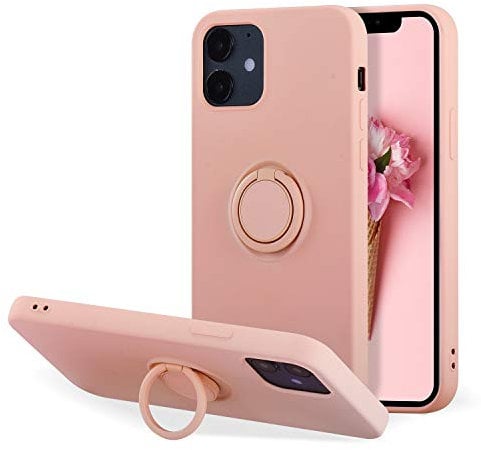 UEEBAI Case for iPhone 12 mini 5.4 inch, Ultra Slim Liquid Silicone Phone Case with 360 Rotatable Ring Holder Kickstand with Magnetic Car Mount Gel Rubber TPU Bumper Shockproof Cover - Pink