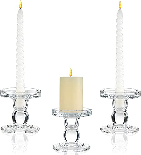 3pcs Glass Candle Holders for Pillar and Taper Candles, Clear Decorative Glass Candlestick Holder set for Wedding, Table Centrepieces, Home Decor (Clear)
