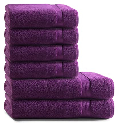 Müskaan Premium Handtuchset 6-TLG – 4 Handtücher & 2 Duschtücher aus 100% Baumwolle – Weich & saugfähig Frottee mit Aufhänger – Aubergine