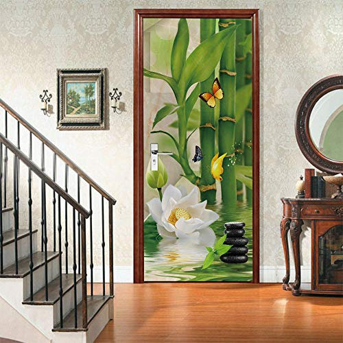Stickers Muraux Porte 3D Auto-Adhésif DIY-Bambou papillon -Papier peint porte PVC étanche Autocollant Porte pour Cuisine Chambre Salle Décor 86x200cm