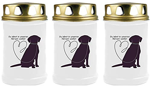 HS Candle Grabkerze Grablicht - 3er Pack - (Hund Leine) - ca 48h / 2 Tage Brenndauer je Kerze (14,5cm, Ø 7cm) - viele versch. Designs