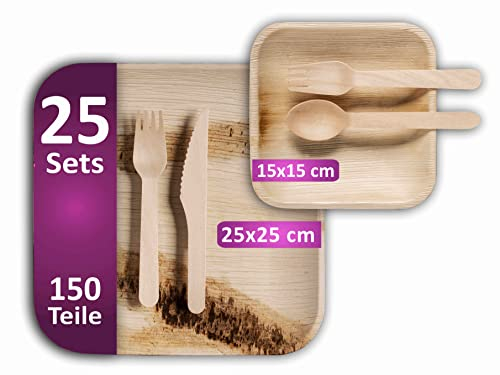 Waipur Bio Palmblatt Geschirr Set mit Holz Besteck - je 25 große Teller und Dessertteller, 50 Gabeln, je 25 Messer und Löffel - ähnl. Bambus-Teller Einweg