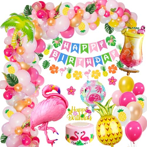 Tropische Geburtstagsdeko Mädchen, Flamingo Kindergeburtstag Deko Frauen mit Flamingo Folie Luftballons, Hawaiian Geburtstag Banner,Cake Topper Sommer Hawaiian Luau Tropische Geburtstags Deko