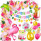Décoration Anniversaire Tropicales Fille, Flamingo Kit Anniversaire Femmes avec Flamingo Foil Ballon, Bannière Anniversaire Hawaïenne,Cake Topper pour Summer Hawaiian Luau Tropical Anniversaire Fête