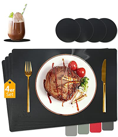HELI MIAO Tischsets Abwaschbar,Platzsets Abwischbar,Hitzebeständig 4er set Leder mit Untersetzer,Platzdeckchen,Tischuntersetzer rutschfest für Hause Küche Restaurant und Hotel,Schwar