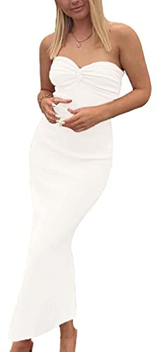 Sdencin Vestito lungo a tubino a fascia aderente in maglia a costine con nodo a torsione sexy da donna, casual, tinta unita, senza spalline