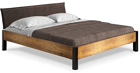 moebel-eins CURBY Bett mit Metallfuß und Polsterkopfteil, Material Massivholz, rustikale Altholzoptik, Fichte
