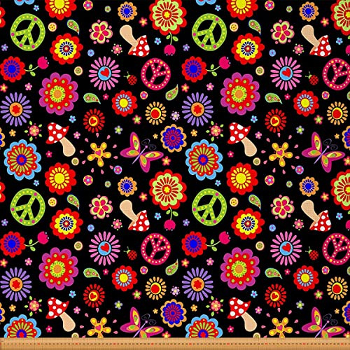 Loussiesd Frieden Kunst Möbelstoff Meterware Hippie Pilz Blumen Outdoor Stoff Meterware Bunte Blume Schmetterling Dekorationsstoff für Polster und Heimwerkerprojekte 92x160cm Schwarz Rot