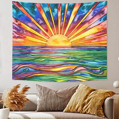 HQCUPB Sonnen-Wandteppich im Vintage-Stil, Boho-Schwarzlicht, Wandteppich für Schlafzimmer, ästhetisch, lustig, UV-Reaktiv, Schwarzlicht-Poster, Retro, Zimmerdekoration (Sonnenlicht, 127x127x150 cm)