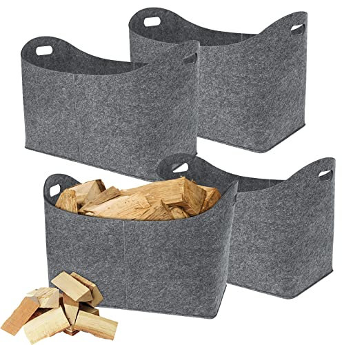 Yznahre Filztaschen, 4 Stücke Faltbar Filztasche Kaminholz Kaminholztasche Filz, Filzkorb Filztaschen Shopper Groß mit Verstärkten Griffen für kaminholz Holz Zeitungen - Hellgrau (TYP B)