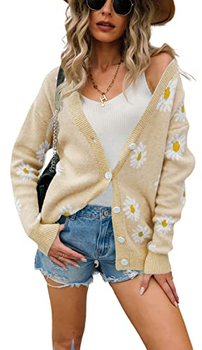 HEYPORK Damen Herbst Winter Warm Bequem Jacke Casual Mode übergangsjacke Mantel Frauen Strickjacke Pullover Strickjacke Bedruckt Gänseblümchen Pullover(Aprikose, L)