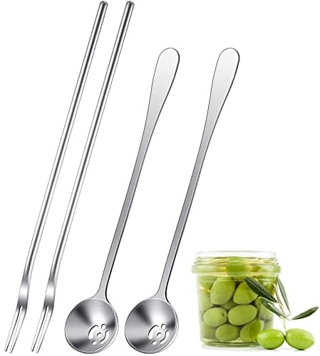 Didaey 4 Pcs 8.7 Inch Pickle Fork and Olive Spoon Strainer Set Stainless Steel Long Handle Pick Jar Serving Spoon with Drain Hole Spoon Prong for Onion Cucumber Arugula (Classic Style)