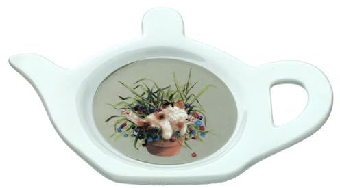 HoitoDeals Kim Haskins Cat in Plant Pot Green Porcelain Teapot Shaped Teabag Dish Holder (1Pcs)