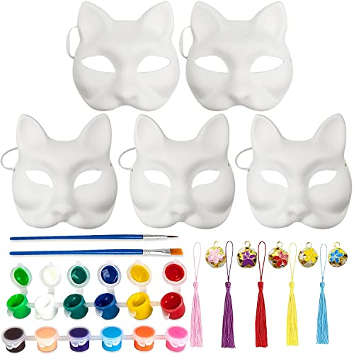 KITRDOOR 5 Stück DIY weiße Papiermaske Katze Gesicht Zellstoff blanko handbemalt Maske Persönlichkeit Design Maske für Tanz Party Festival Performance Cosplay Halloween Masken (Fox Cat Masks 5pcs)